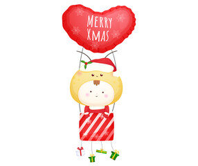 Cute baby santa flying with air balloon for merry christmas illustration Premium Vector