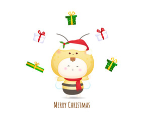 Cute baby santa costume with gift for merry christmas illustration set Premium Vector