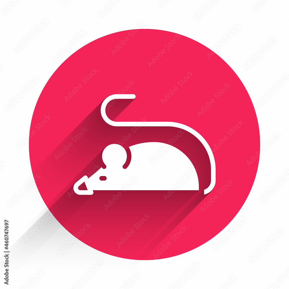 Poster white experimental mouse icon isolated with long shadow background. red circle button. vector