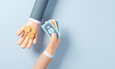 Fototapeta premium Currency exchange, money exchange, Foreign exchange transactions in cash from hand to hand. 3d render. copy space.