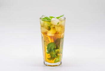 Iced tea with lemon isolated on white.