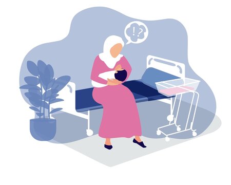 A muslim woman with a newborn baby in her arms alone in a hospital ward staying with a baby. The first days are the postpartum period. Support breastfeeding and maternal mental health.