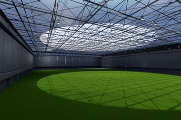 Fototapeta premium Empty hall exhibition centre. The backdrop for exhibition stands, booth elements.Conversation centre for the conference.Big Arena for entertainment,concert, event. Indoor stadium for sports.3d render.