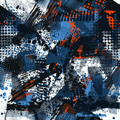 Abstract seamlesse urban pattern. Geometric grunge background with across curved line, arrow, triangles. Grungy style wallpaper. Geometric repeated backdrop for boy, sport textile, clothes.