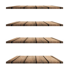 4 Wood shelves table isolated on white background and display montage for product.