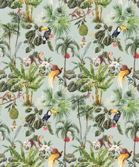 Printed kitchen splashbacks Jungle  children room Beautiful seamless tropical floral pattern with hand drawn watercolor exotic jungle palm trees and animals. Toucan monkey and paradise bird. Stock illustration.