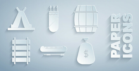 Set Kayak or canoe and paddle, Wooden barrel, Railway, railroad track, Money bag, Quiver with arrows and Indian teepee wigwam icon. Vector © Vadim