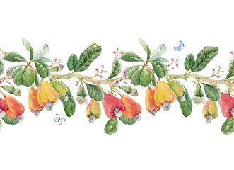 Beautiful horizontal seamless pattern with watercolor hand drawn branches with colorful cashew nuts small flowers and green leaves. Stock illustration.