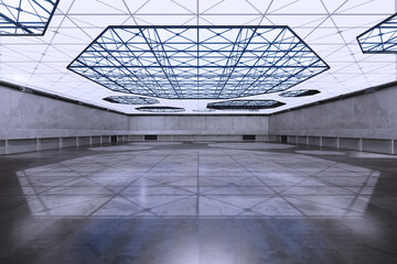 Empty hall exhibition centre.The backdrop for exhibition stands,booth elements. Conversation centre for the conference.Big Arena for entertainment,concert,event. Indoor stadium for sport.3D render.