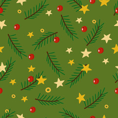 Christmas seamless pattern with fir branches, yellow stars and red berries on a green background. Festive background for printing on paper, fabric, textiles, packaging.