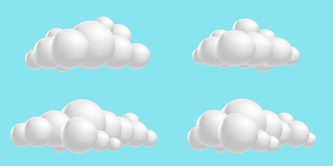 Set clouds fluffy, 3D mesh cartoon. Soft render clouds collection icons on a blue sky. Vector illustration