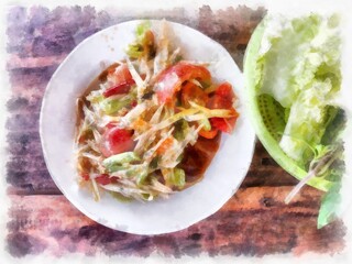 Papaya salad watercolor style illustration impressionist painting.