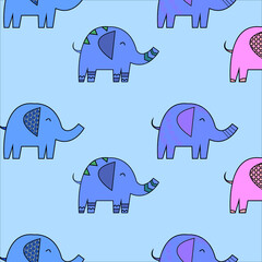 Pattern with painted colorful elephants. Can be used for wallpaper, textiles, packaging, cards, covers. Small cute animal on a blue   background.