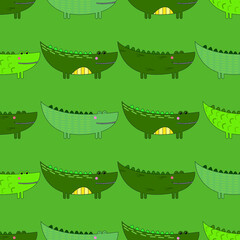 Pattern with painted green crocodiles. Can be used for wallpaper, textiles, packaging, cards, covers. Small cute animal on a beige   background.