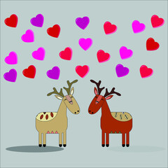 Cute loving deer  look at each other hearts fly above them on gray  isolated background