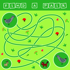 Developing activity for children - labyrinth, find a pair of bird. Logic game for children.