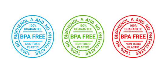 BPA free icon stamp. No bisphenol badge. Non toxic plastic round label. Guarantee seal imprint for eco package. Waste marks isolated on white background. Vector illustration. Retro emblem.