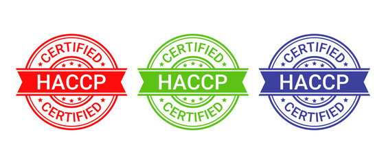 HACCP food safety system stamp, badge. Hazard analysis Critical Control Points icon. Certified round label. Quality warranty emblem. Set seal imprints isolated on white background. Vector illustration