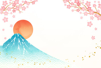 桜と富士山と初日の出の水彩画のベクターイラスト背景