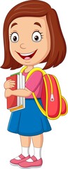 Cartoon happy school girl carrying book and backpack