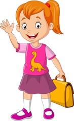 Cartoon happy school girl holding bag