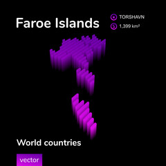 Stylized neon digital isometric striped vector Faroe Islands map with 3d effect. Map of Faroe Islands is in violet  and pink colors on the black background.