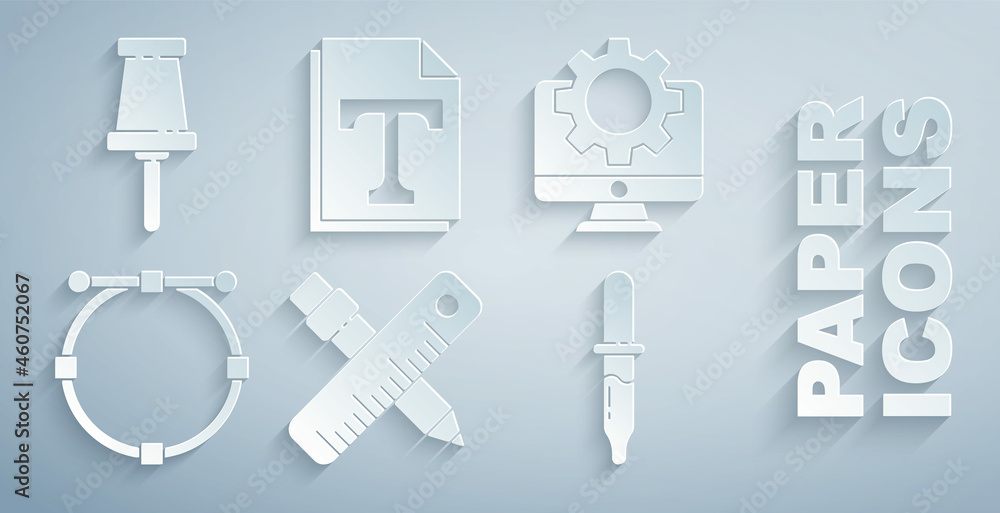 Aufkleber set crossed ruler and pencil, computer monitor gear, circle with bezier curve, pipette, text file do