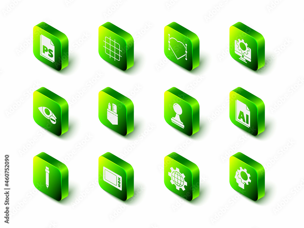 Poster set grid graph paper, heart with bezier curve, computer monitor and gear, ai file document, human he