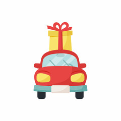 Car with gift box isolated on white background. Vector illustration
