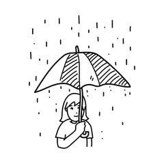 Illustration of a girl holding an umbrella on a rainy day doodle, illustration of an umbrella on a rainy day with raindrops, isolated on a white background.