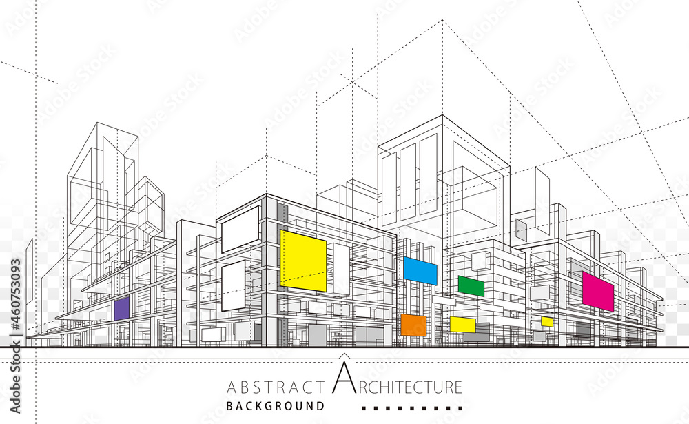 Aufkleber 3D illustration linear drawing. Imagination architecture urban building design, architecture modern abstract background. 