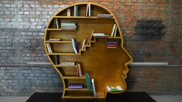 Shelf in the shape of a human head. Books fill the shelf
