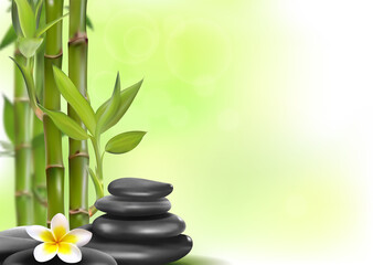 Spa concept zen basalt stones with bamboo and flower. Realistic vector, 3d illustration