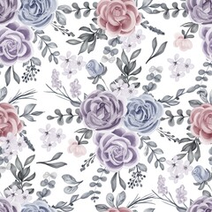 seamless pattern of watercolor winter rose and leaves