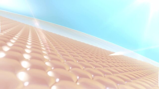 3D Animation skin cell with UV protection. Serum drops into skin cells for UV protection, Ultraviolet shield reflect. Advertisements for cosmetics, sunblock, lotion, serum. UV protection