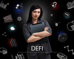 Business, Technology, Internet and network concept. Young businessman working on a virtual screen of the future and sees the inscription: DEFI