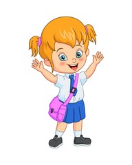 Cartoon happy school girl in uniform raising hands