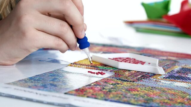 Children Playing Diamond Painting, Kid Art Craft School Class, Handcraft Cross Stitch Activity in Coronavirus Pandemic Lockdown 