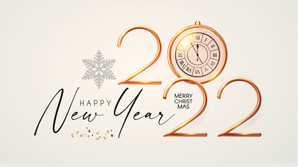 Happy 2022 New Year Elegant Christmas congratulation with 3D realistic gold metal text