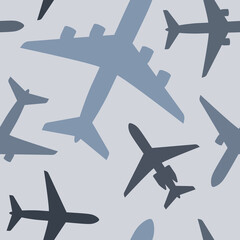 Vector seamless texture different types of aircraft. Light blue white background.