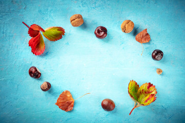 Autumn background with vibrant leaves and chestnuts, overhead flat lay shot on blue with a place for text, a design template for a banner or invitation