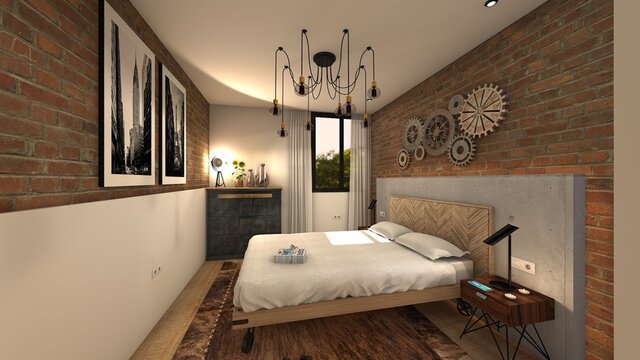 dormitorio de apartamento con vestidor de estilo industrial sofisticado 