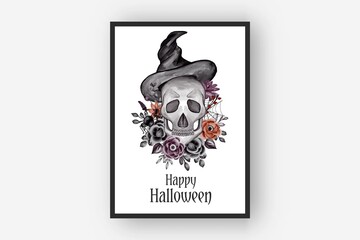 halloween flower arrangements skull and hat watercolor illustration