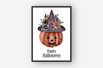 halloween flower arrangements pumpkin and hat watercolor illustration