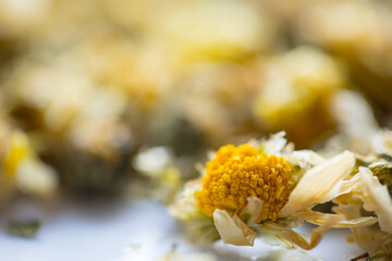 Close up of Dried Chrysanthemum, the herb is often used as a health care drink.