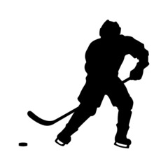 Black silhouette of hockey player. Winter sport icon. Isolated drawing of athletic man