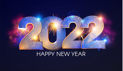 Happy new 2022 year Elegant text with light effect and fireworks. - obrazy, fototapety, plakaty
