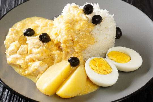 Aj&iacute; de gallina or Peruvian curry is a chicken stew comfort food served with rice in the plate on the table. Horizontal