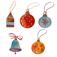 Watercolor illustration of Christmas tree decorations balls. Drawn by hand with watercolors and suitable for all types of design and printing.