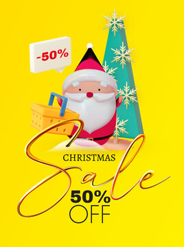 Christmas Sale. 3D render design for season offer. Canta Claus character.